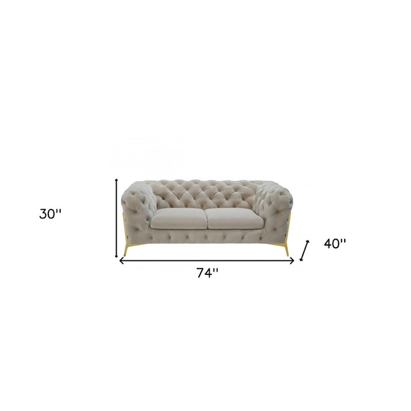 Canapé deux places en velours beige et doré de 74 pouces