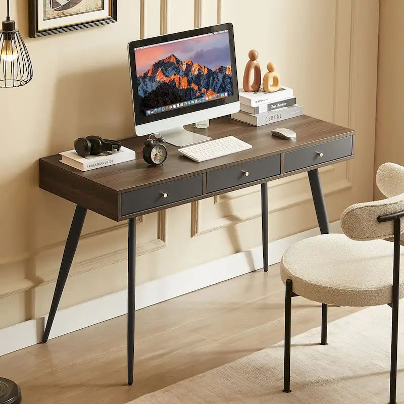 Mid Century Writing Study Desk with 3 Storage Drawers and Walnut Finish for Home Office and Bedroom or Study