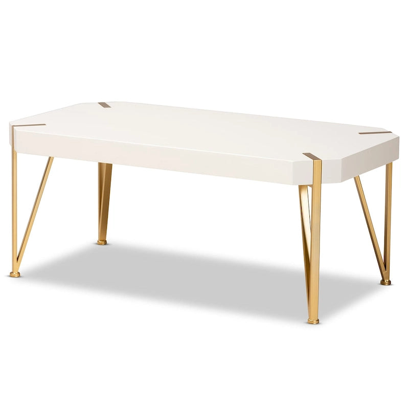 Table basse en métal doré brossé et bois fini blanc