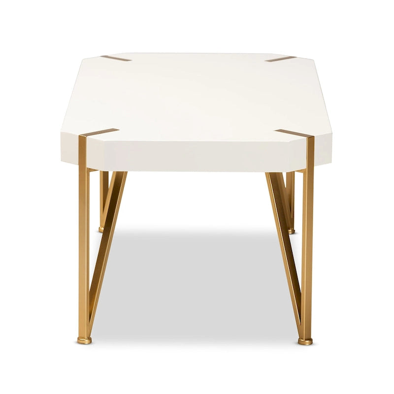 Table basse en métal doré brossé et bois fini blanc