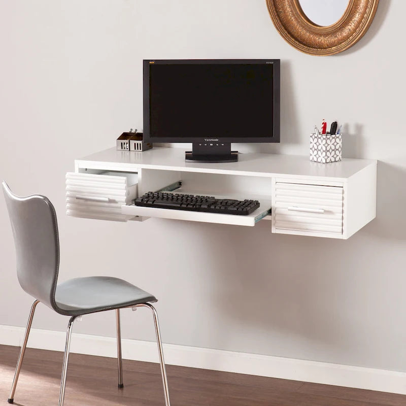 Bureau mural flottant moderne blanc à 2 tiroirs
