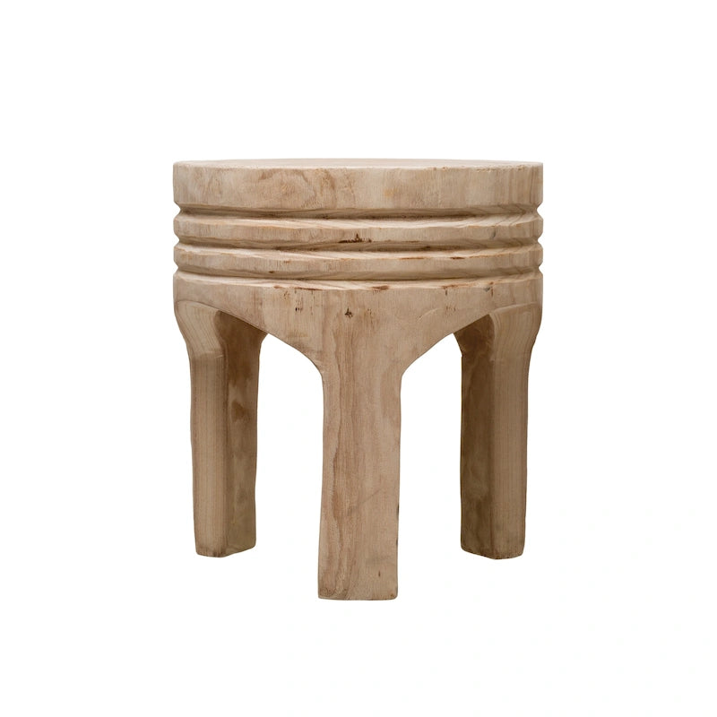Tabouret rond sculpté en bois de paulownia naturel