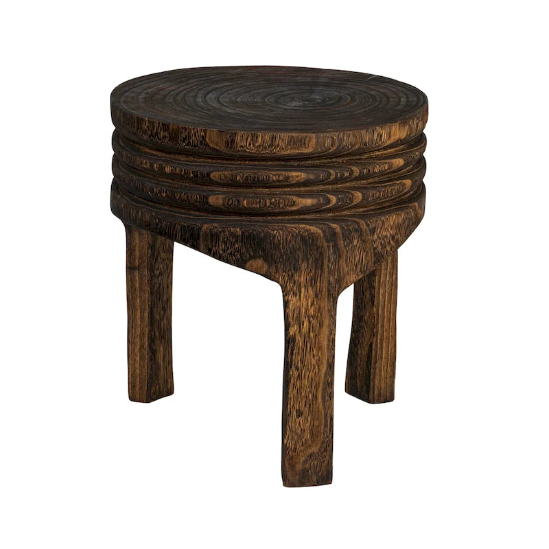 Tabouret rond sculpté en bois de paulownia naturel