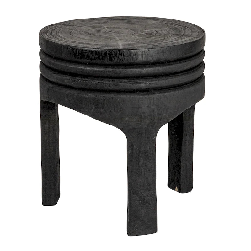 Tabouret rond sculpté en bois de paulownia naturel