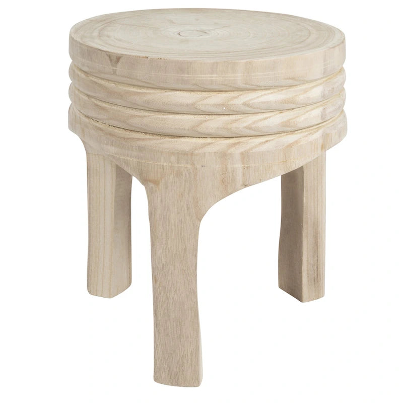 Tabouret rond sculpté en bois de paulownia naturel