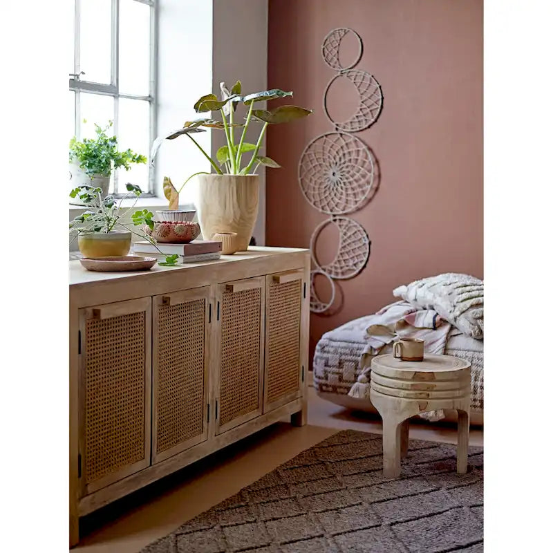 Tabouret rond sculpté en bois de paulownia naturel