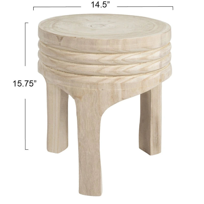 Tabouret rond sculpté en bois de paulownia naturel