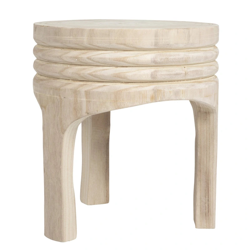 Tabouret rond sculpté en bois de paulownia naturel
