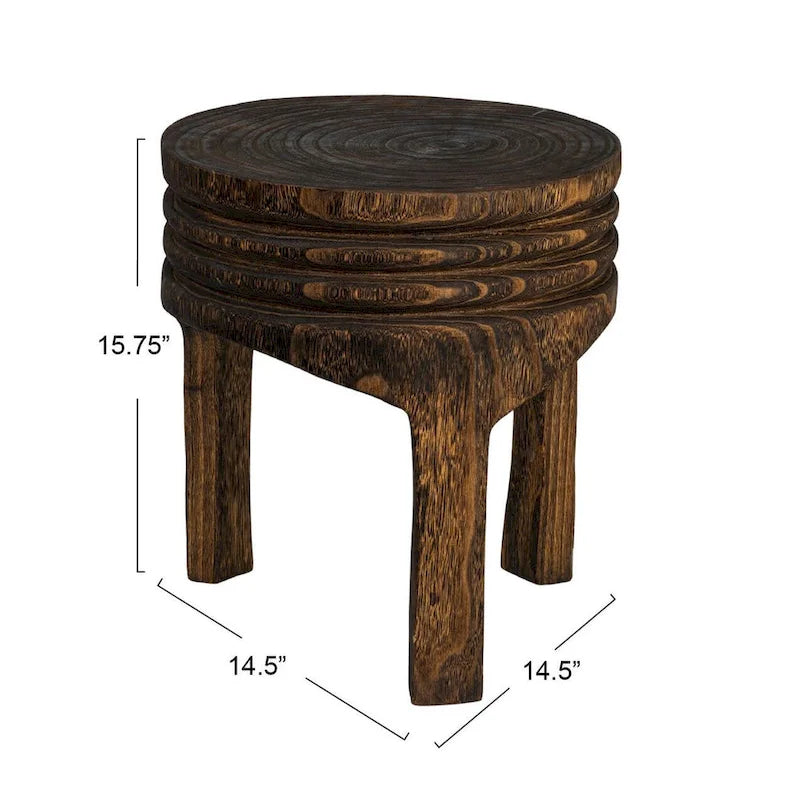 Tabouret rond sculpté en bois de paulownia naturel