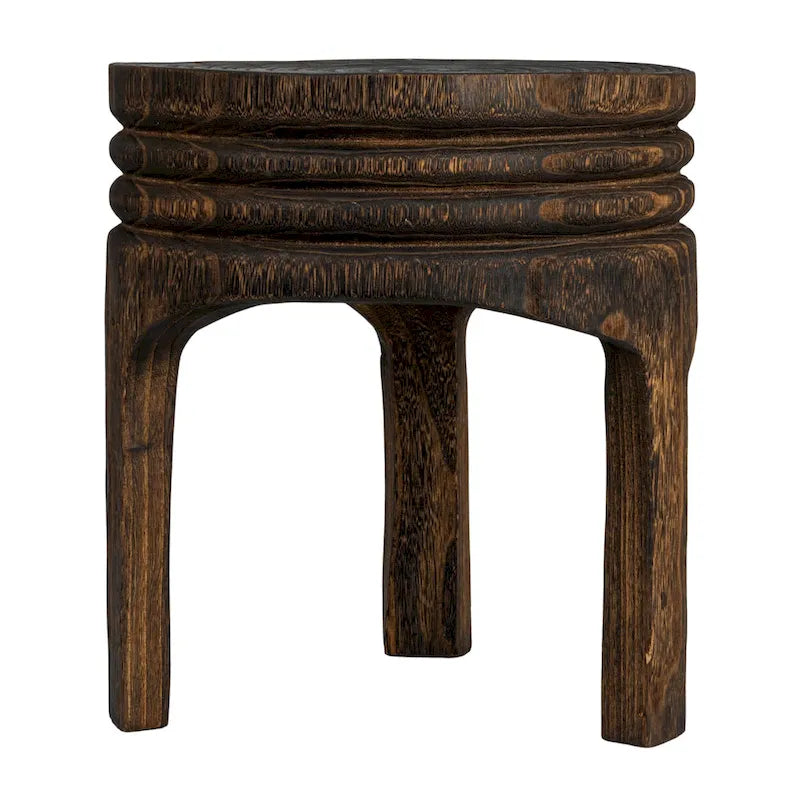 Tabouret rond sculpté en bois de paulownia naturel