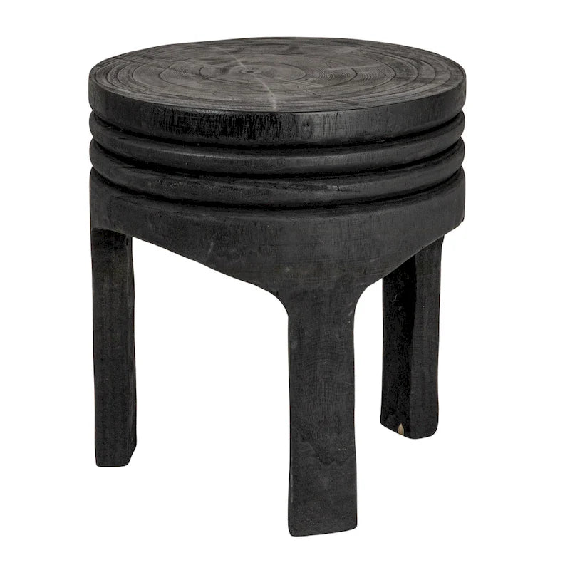 Tabouret rond sculpté en bois de paulownia naturel