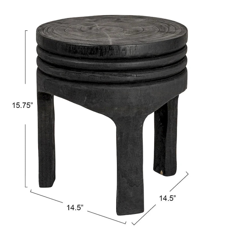 Tabouret rond sculpté en bois de paulownia naturel