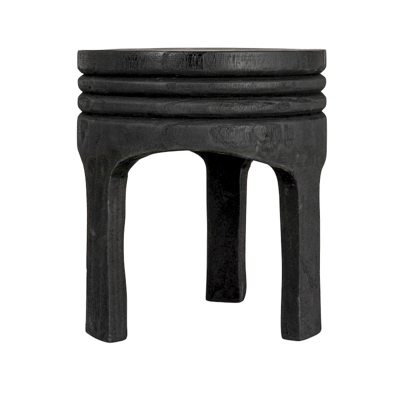 Tabouret rond sculpté en bois de paulownia naturel