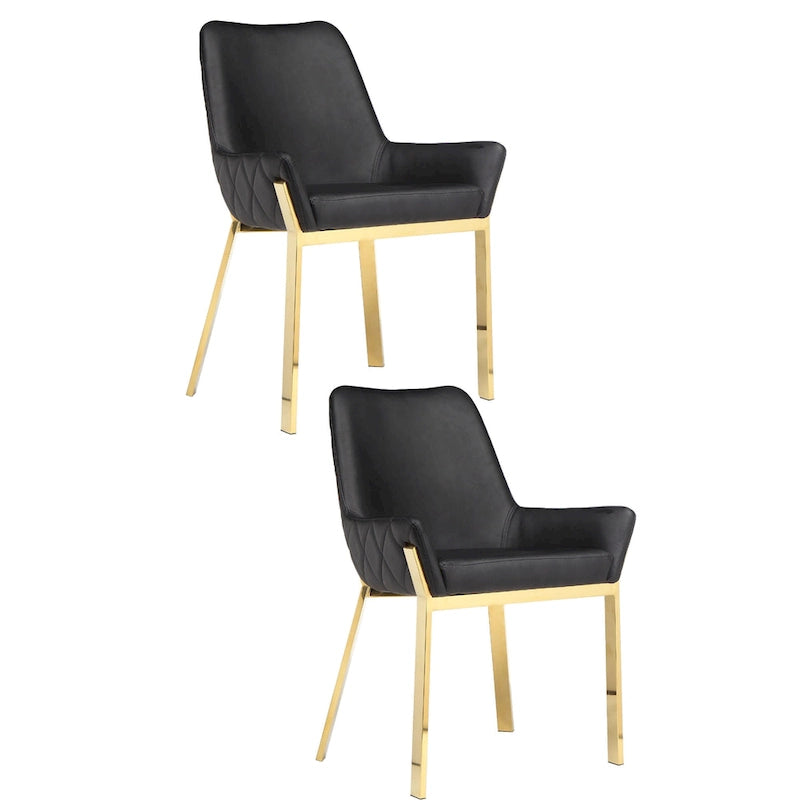 Ensemble de 2 chaises de salle à manger, capitonnées, similicuir noir, doré